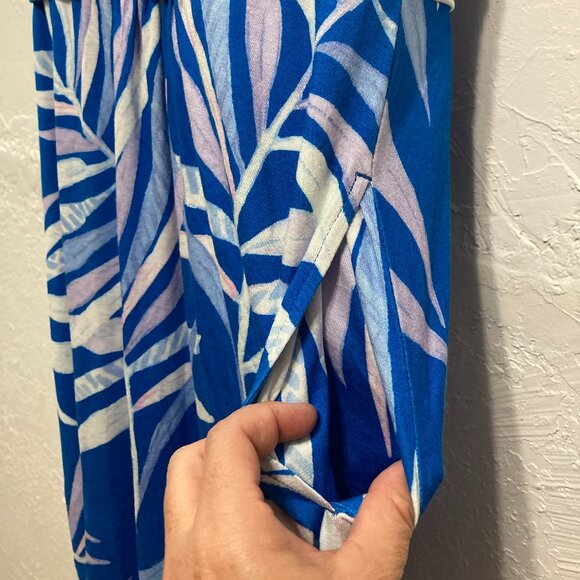 Soma Soft Bra Dress Sleeveless Blue Palm Pockets Wrap Waist Resort Knee Length L - Picture 10 of 11